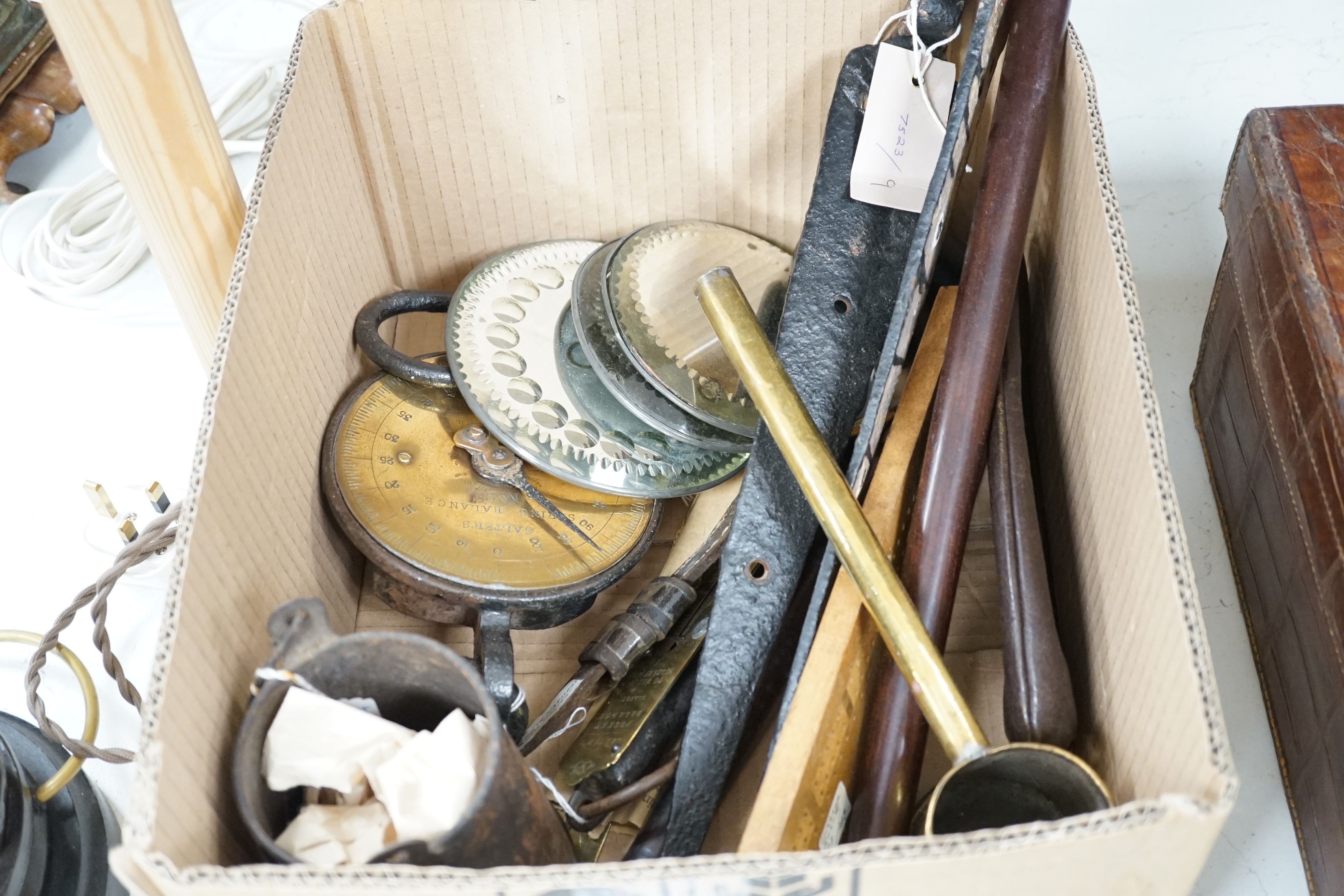 A quantity of collectables including handbags, scales, metal wares etc
